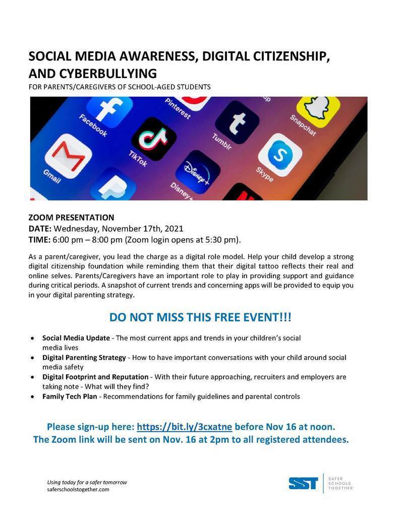 SOCIAL MEDIA AWARENESS, DIGITAL CITIZENSHIP, AND CYBERBULLYING FOR PARENTS/CAREGIVERS OF SCHOOL-AGED STUDENTS