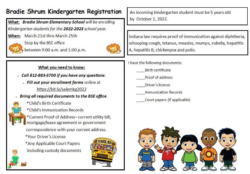 Bradie Shrum Kindergarten Enrollment Flyer for 2022-23