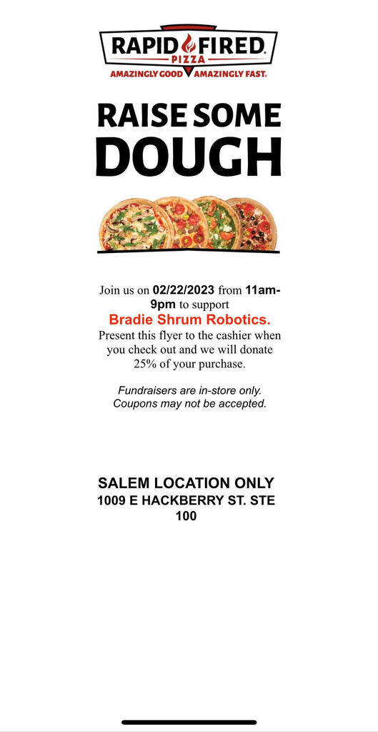Rapid Fired Pizza fundraiser flyer for Wednesday February 22nd. 